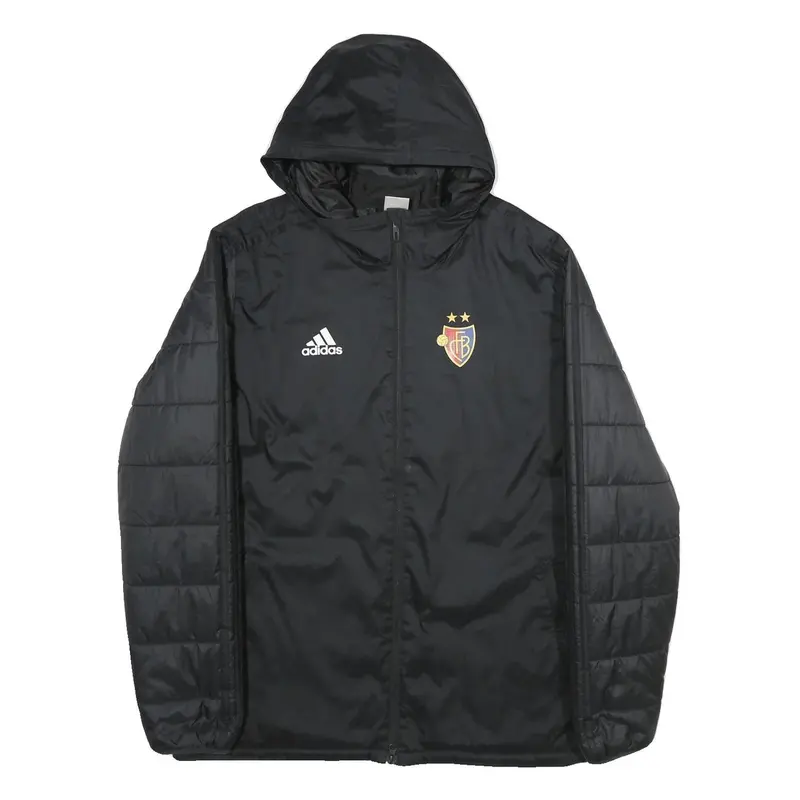 Adidas Mens Black Football Club Basel Jacket L Polyester Puffer Quilted Hooded 1