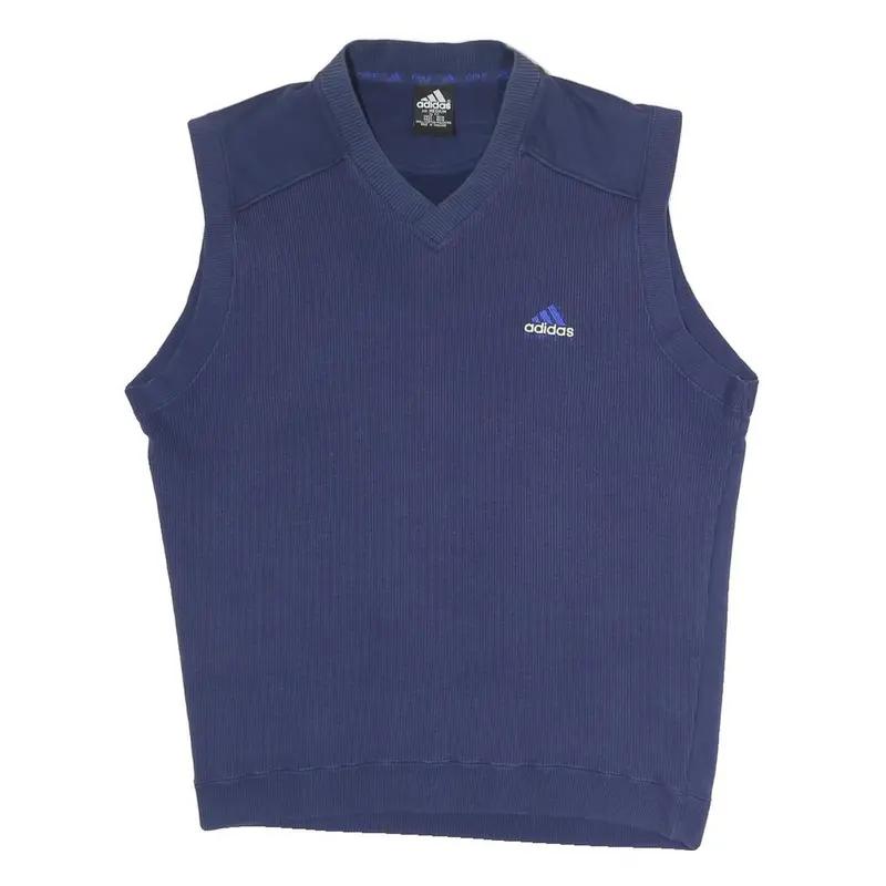 Adidas Mens Blue Plain V-Neck Basic Knit M Sleeveless Cotton Blend Jumper Vest 1