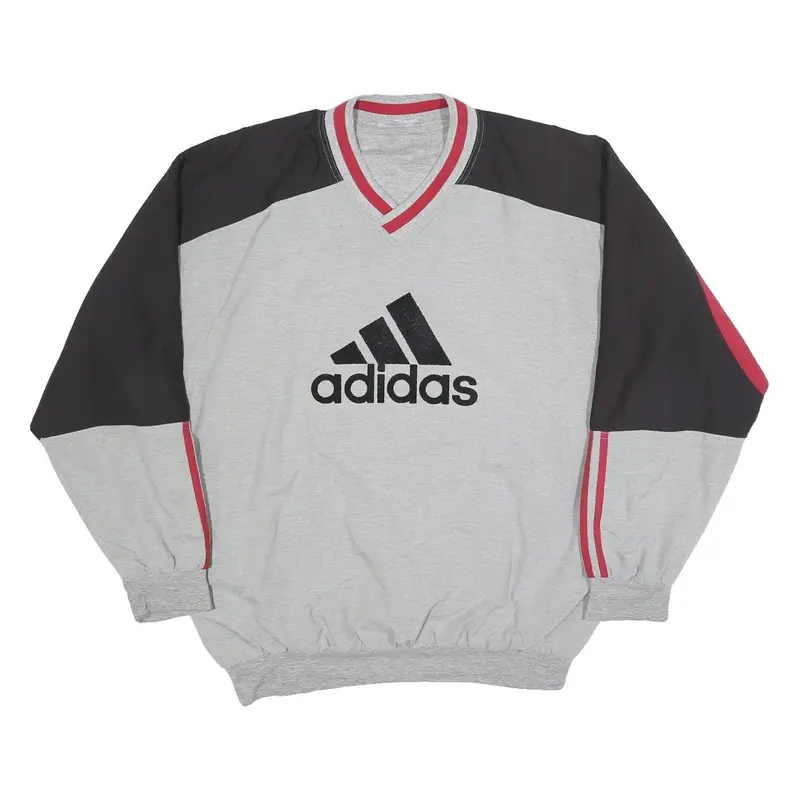 Adidas Mens Grey & Black Sweatshirt V-Neck L Cotton Blend Pullover Logo 1