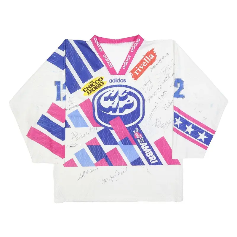 Adidas Mens White & Blue & Pink Graphic T-Shirt Long Sleeve V-Neck L Drawstring 1