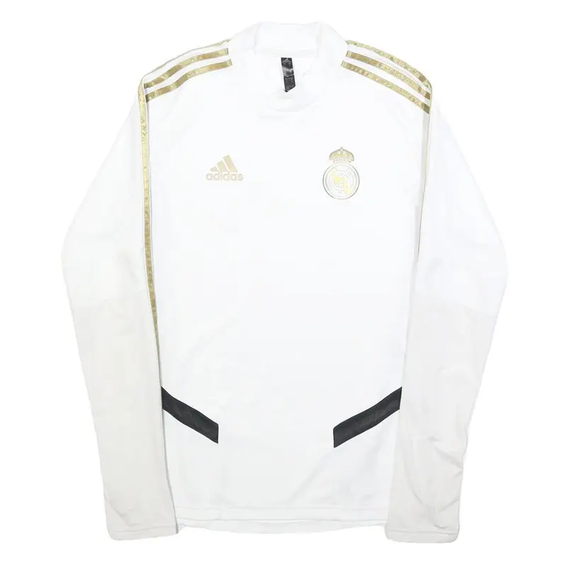 Adidas Mens White & Gold Football Shirt S Long Sleeve Crew Neck Real Madrid 1