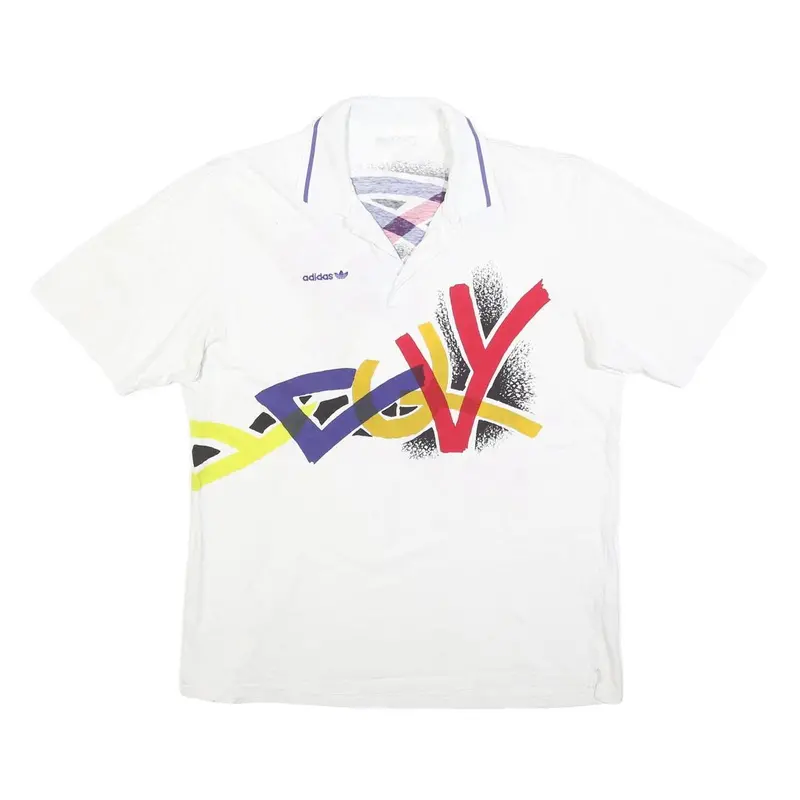 Adidas Mens White Graphic Print Short Sleeve Polo Shirt L Cotton Blend Relaxed 1