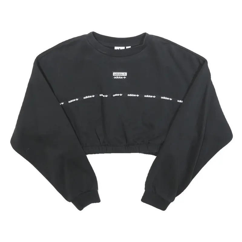 Adidas Womens Black Cropped Sweatshirt Uk 14 Logo Print Cotton Blend Pullover 1