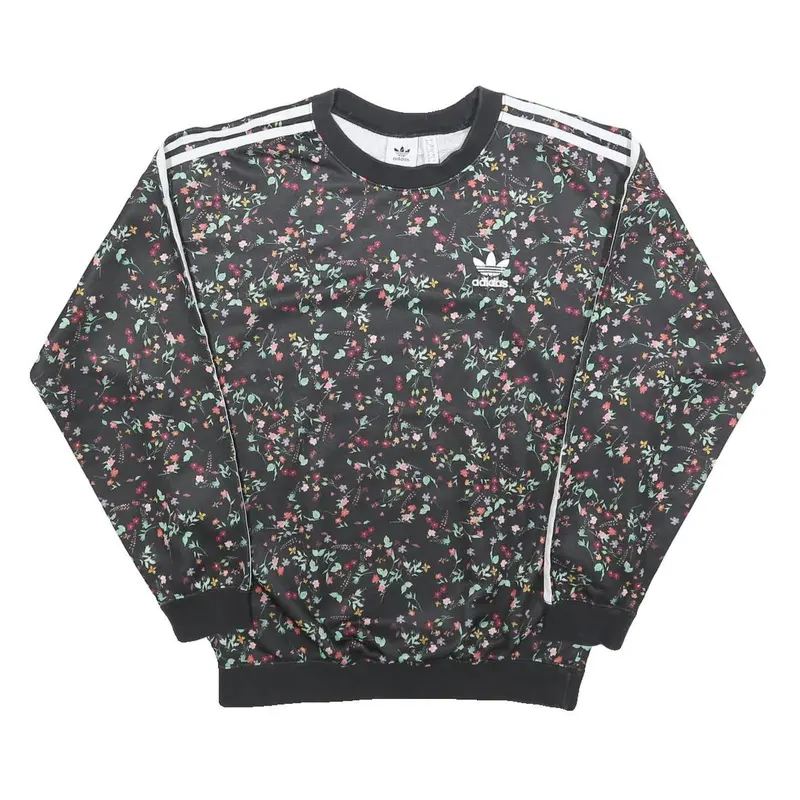 Adidas Womens Black Floral Print Crew Neck Uk 10 Sweatshirt 3-Stripes 1