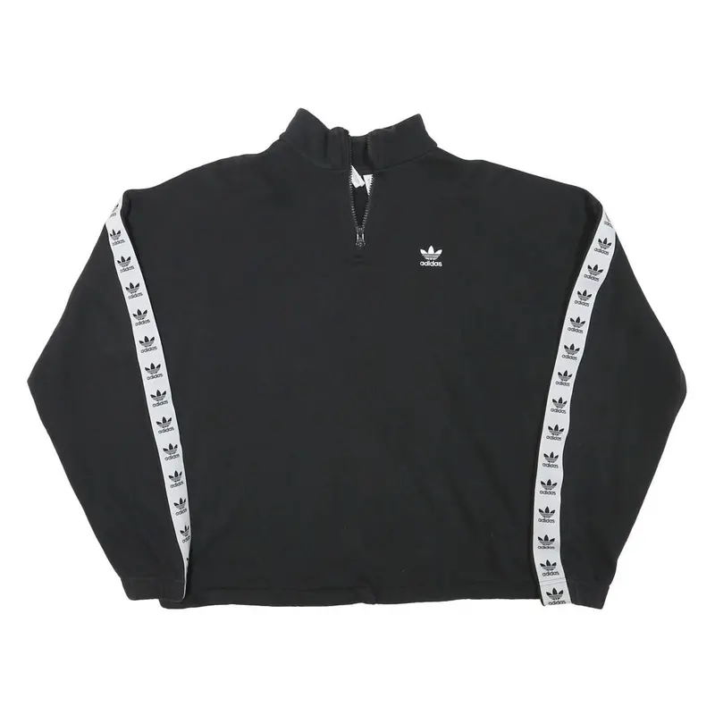 Adidas Womens Black & White Cotton Blend 1/4 Zip Sweatshirt Uk 12 Logo Tape 1