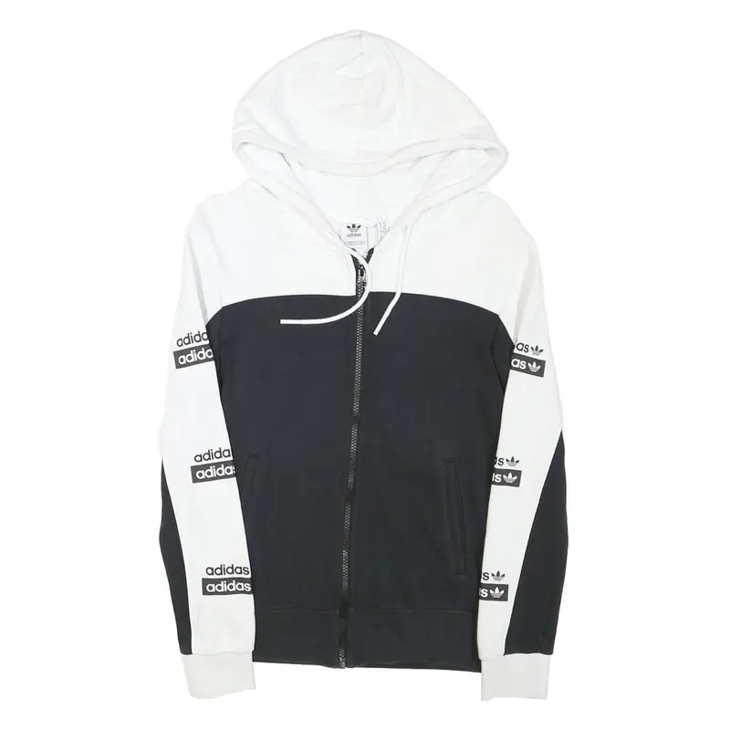 Adidas Womens Black & White Zip Up Hoodie Uk 6 Cotton Blend Logo Tape Sleeve 1