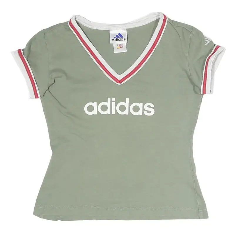 Adidas Womens Green & White Retro Graphic T-Shirt Uk 10 Short Sleeve V-Neck 1