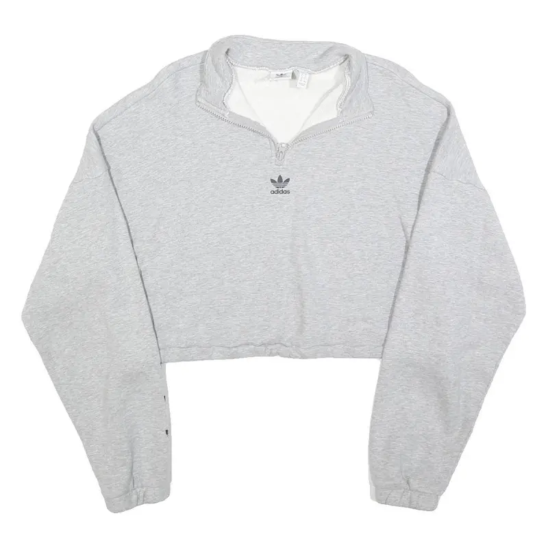 Adidas Womens Grey Cotton Blend Sweatshirt Crop Half Zip Uk 16 Trefoil Logo 1