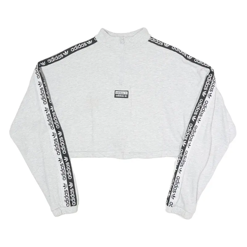 Adidas Womens Grey Sweatshirt 1/4 Zip Crop Top Uk 8 Sportswear Logo Tape 1