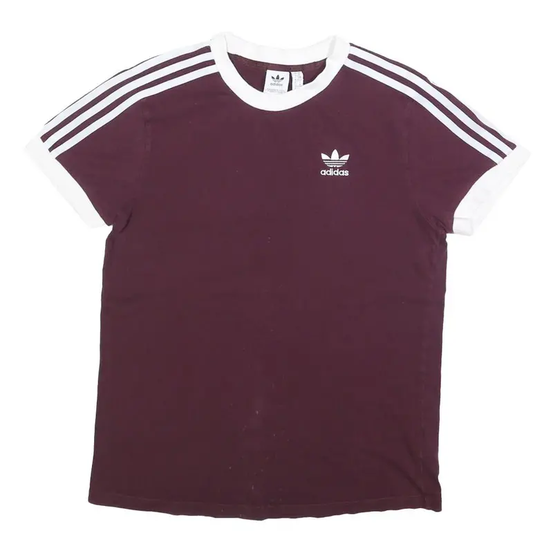 Adidas Womens Maroon & White Classic T-Shirt Uk 6 Short Sleeve Crew Neck Cotton 1