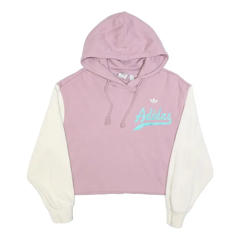 Adidas Womens Pink & Cream Cropped Pullover Hoodie Uk 6 Cotton Blend Casual 1