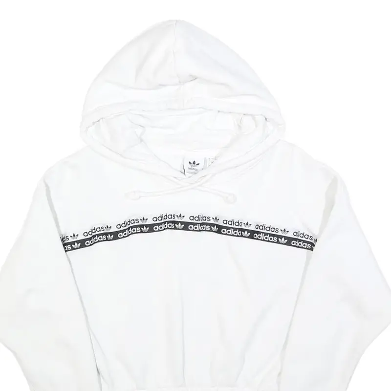 Adidas Womens White Cotton Blend Pullover Hoodie Uk 10 Cropped Logo Tape 2
