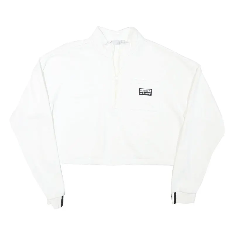Adidas Womens White Quarter Zip Sweatshirt L Cropped Cotton Blend 3 Stripe Cuffs 1
