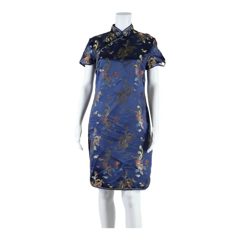Alex Line Side Slit Dragons Womens Pencil Dress Blue Floral Short Sleeve Midi M 1