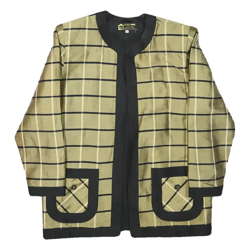 Alexandra Womens Beige & Black Checked Silk Jacket L Woven Round Neck Long 1