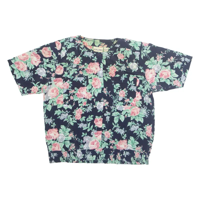 Alfred Dunner Womens Printed Shirt Black Collared Floral M 1