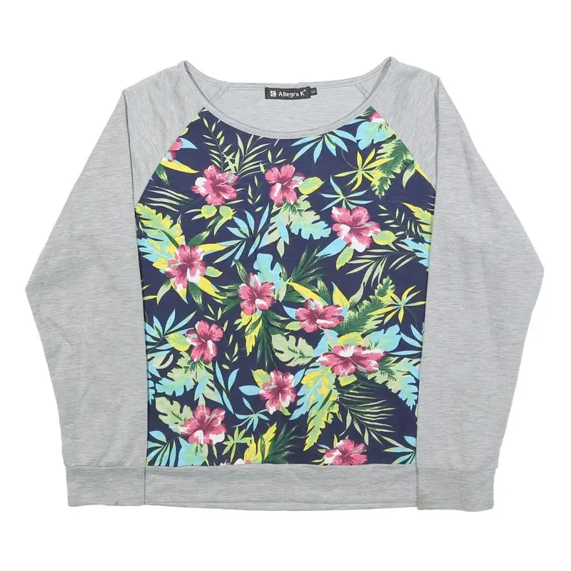 Allegra K Womens Grey & Multicolour Floral Crew Neck L Casual Cotton Blend 1