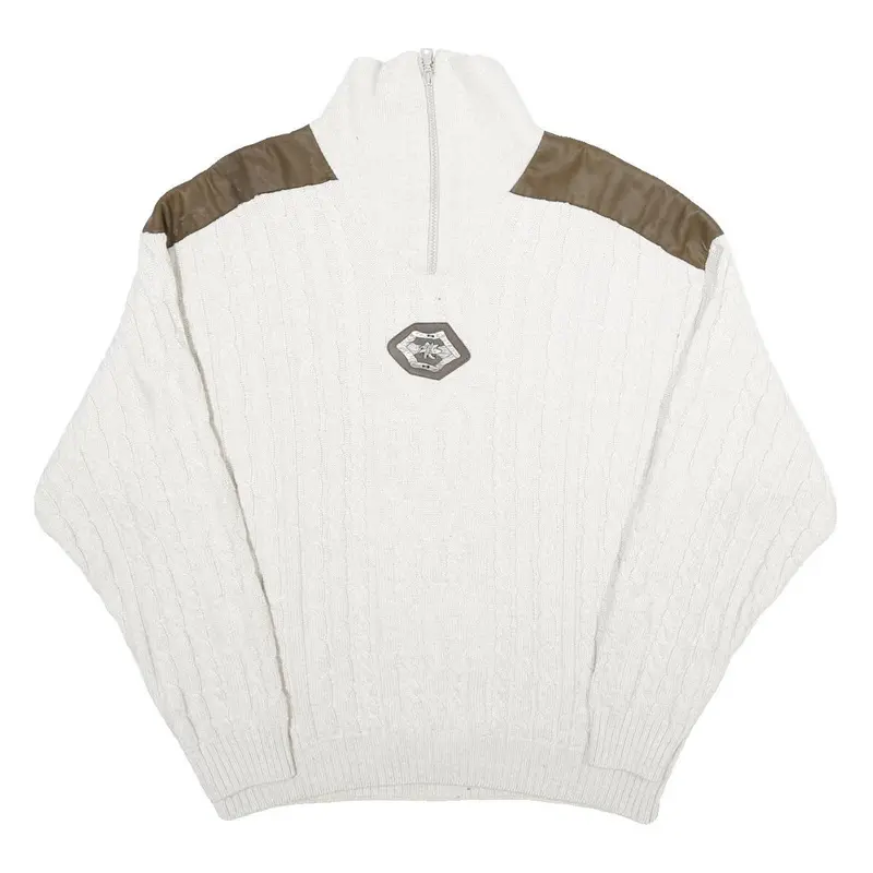Alpenland Mens White & Brown Patterned Jumper Roll Neck Cable Knit L Wool Blend 1