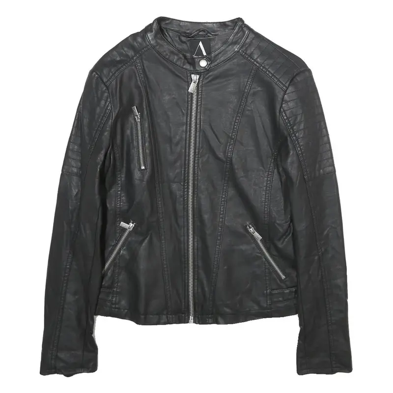 Anastacia Womens Black Faux Leather Biker Jacket S Zip Plain Casual Outerwear 1
