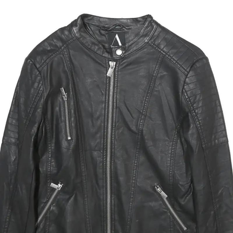 Anastacia Womens Black Faux Leather Biker Jacket S Zip Plain Casual Outerwear 2
