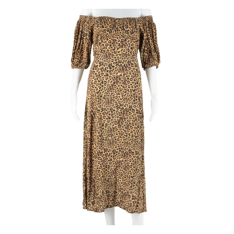 Anthropologie Womens Day Dress Brown Viscose Animal Print Short Sleeve Midi S 1