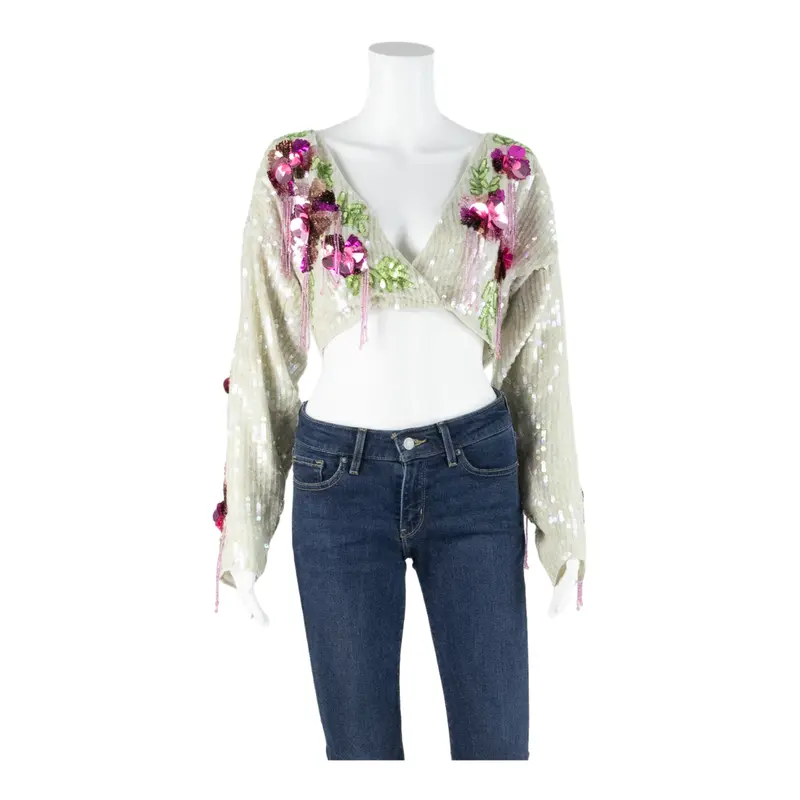 Asos Deisgn Sequins Womens Cropped Top Beige V-Neck Long Sleeve Uk 8 1