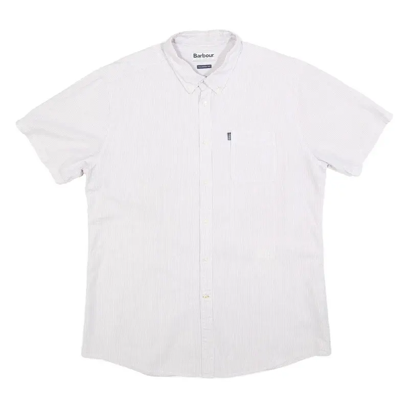 Barbour Mens White & Grey Striped Cotton Shirt Xl Button Down Collar Short 1