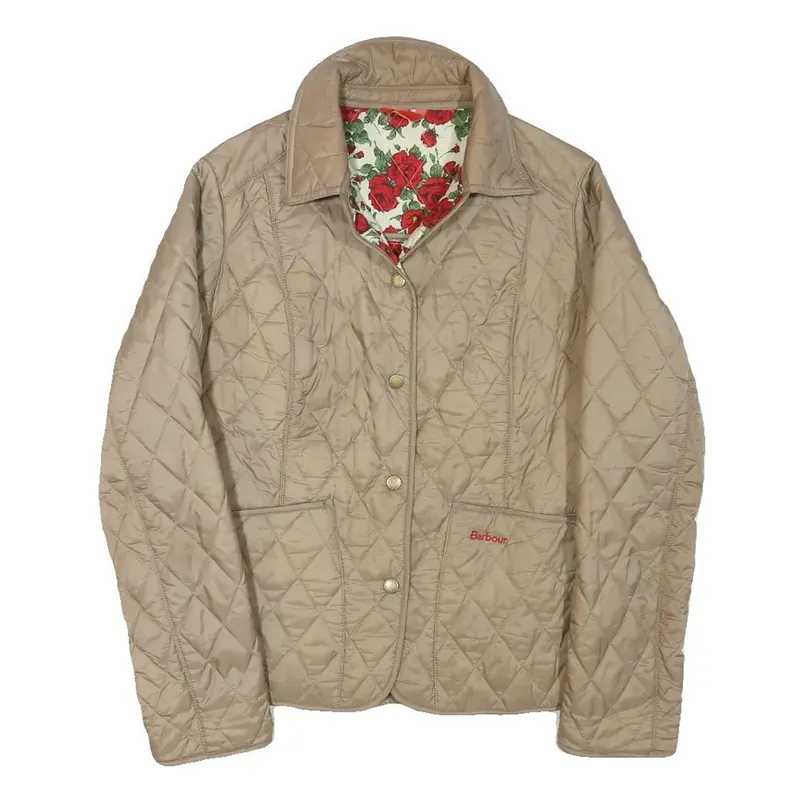 Barbour Womens Beige Quilted Jacket S Polyester Blend Button Front Floral Lining 1