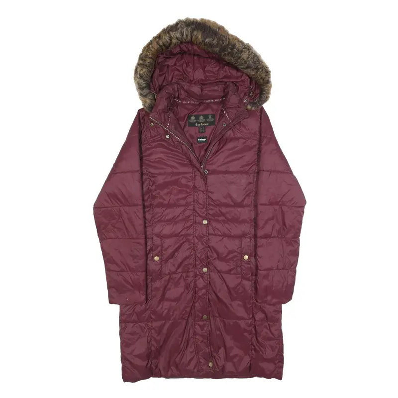 Barbour Womens Maroon Puffer Jacket Uk 12 Polyester Zip Hooded Quilted Long 1