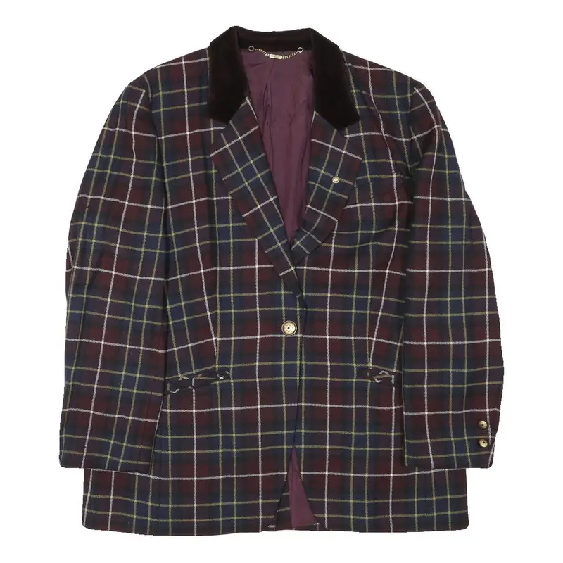 Basher Womens Blue & Red Checked Wool Jacket M Woven Button Closure Velvet 1