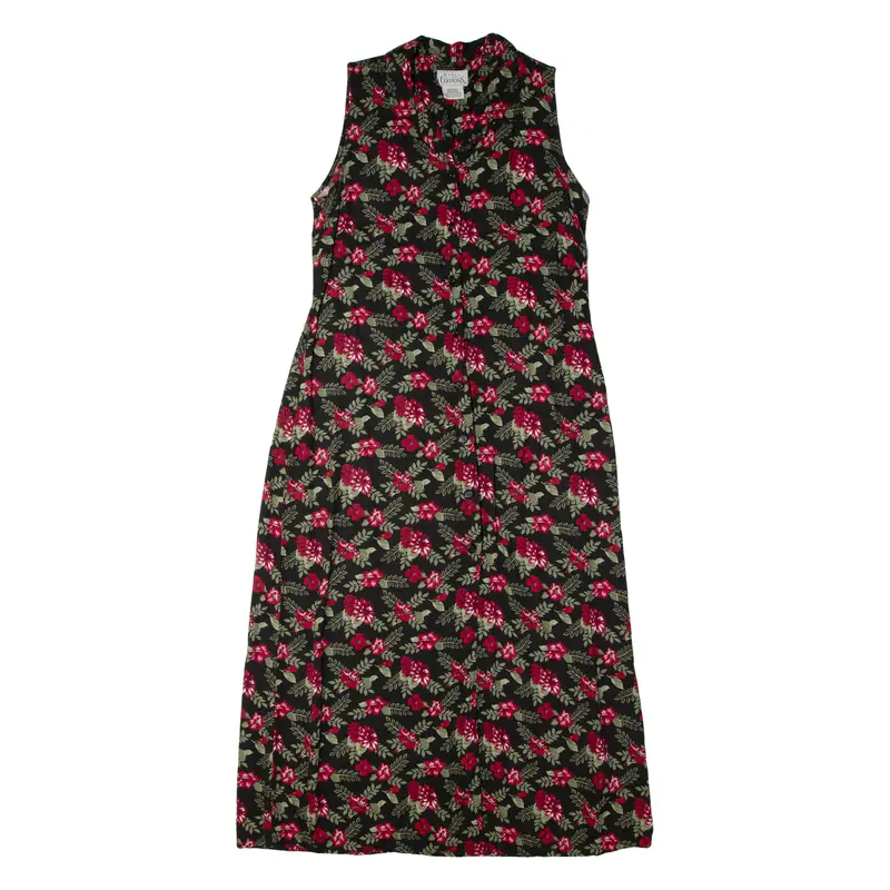 Basic Editions Tea Womens Day Dress Black 90S Floral Sleeveless Long M 1