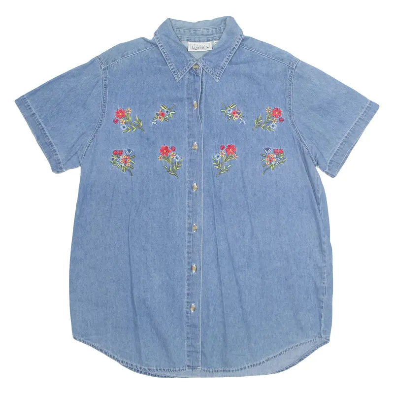 Basic Editions Womens Shirt Blue Collared Floral M 1