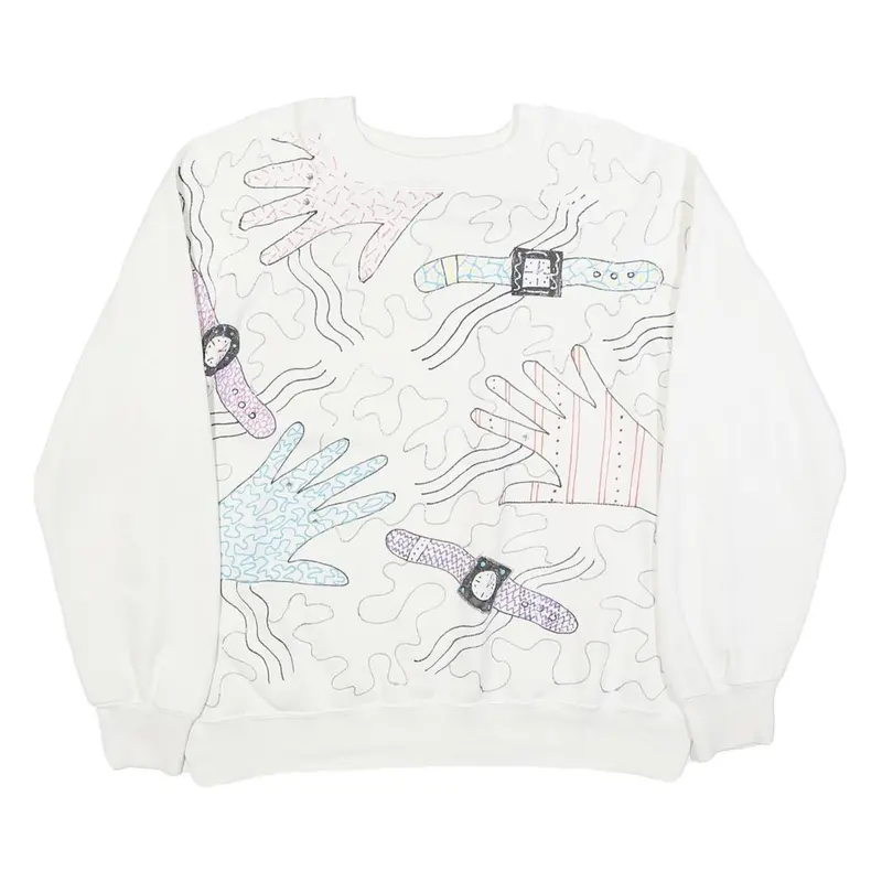 Bassett Walker Womens White Pullover Sweatshirt Xl Abstract Hands Pattern 1