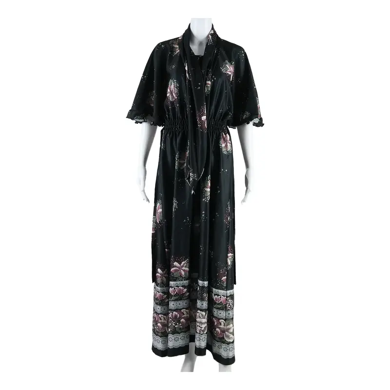 Belted Womens Maxi Dress Black Floral Long S 1