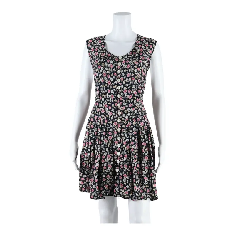 Belted Womens Tea Dress Black Floral Sleeveless Knee Length Xs 1