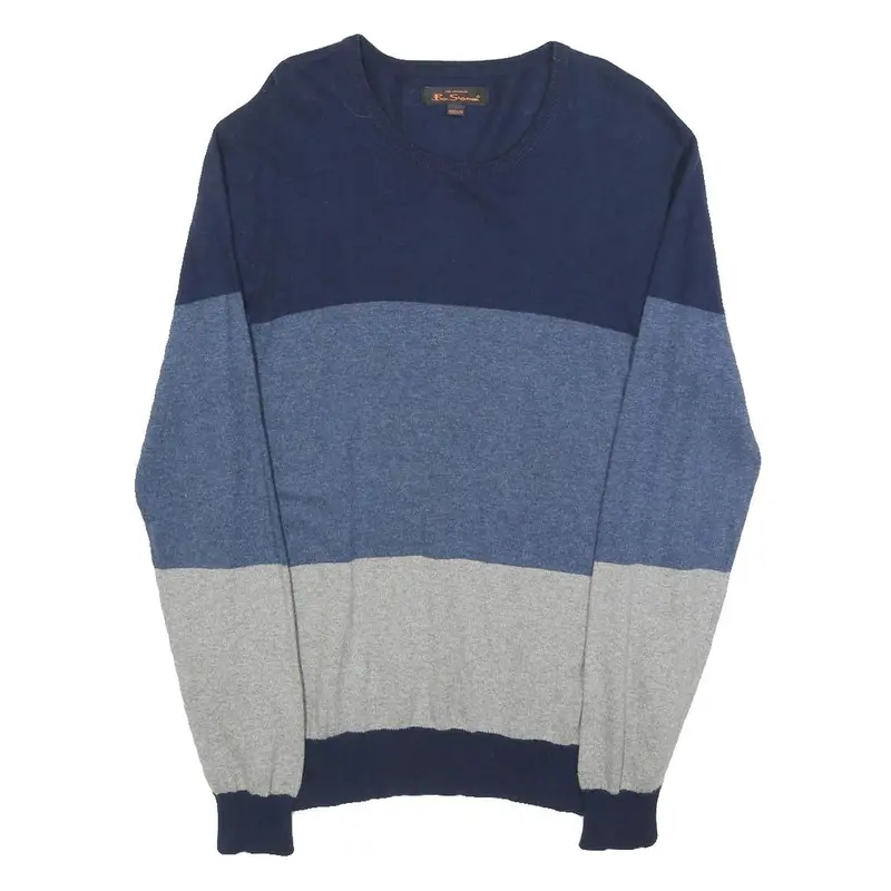 Ben Sherman Mens Blue & Grey Colourblock Patterned Wool Blend Jumper Crew Neck M 1
