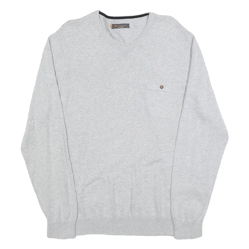 Ben Sherman Mens Grey Plain Cotton Jumper Crew Neck Basic Knit L Casual 1