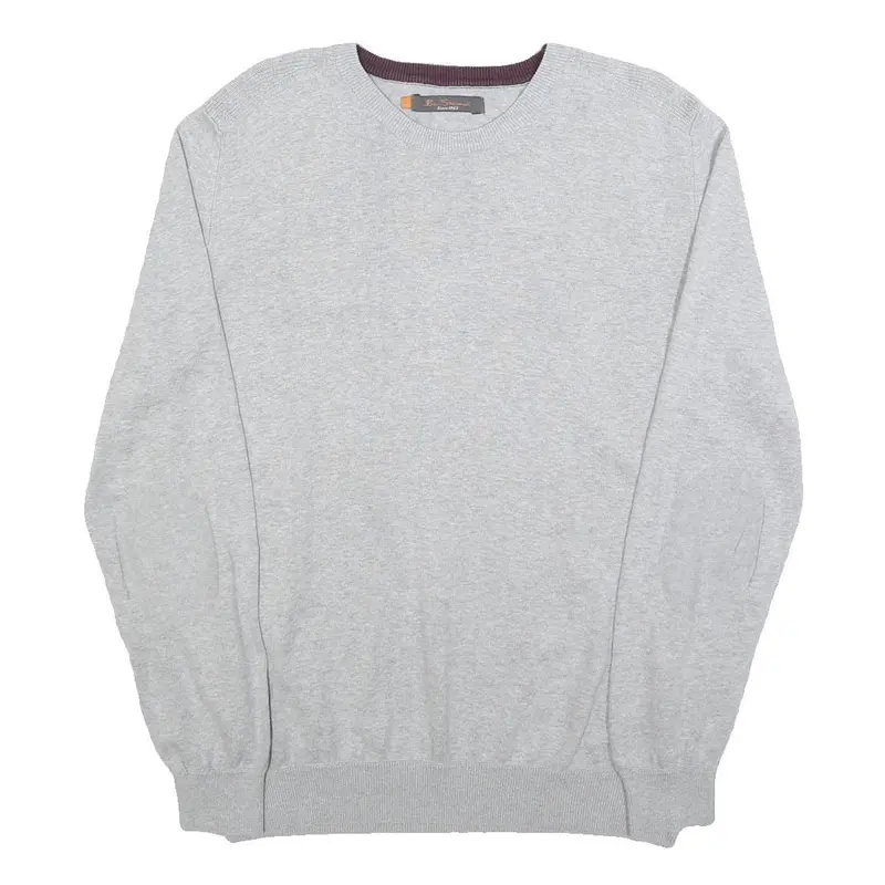 Ben Sherman Mens Grey Plain Cotton Jumper Crew Neck Basic Knit L Casual 1