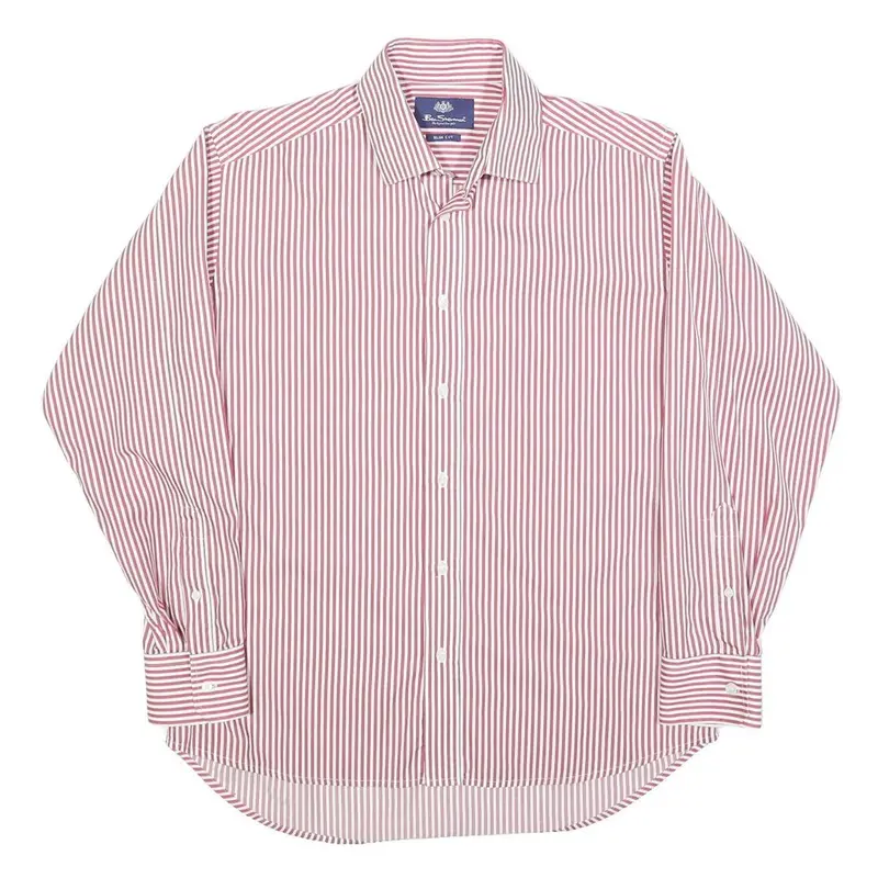 Ben Sherman Mens Red & White Striped Slim Fit Shirt L Formal Cotton Blend 1