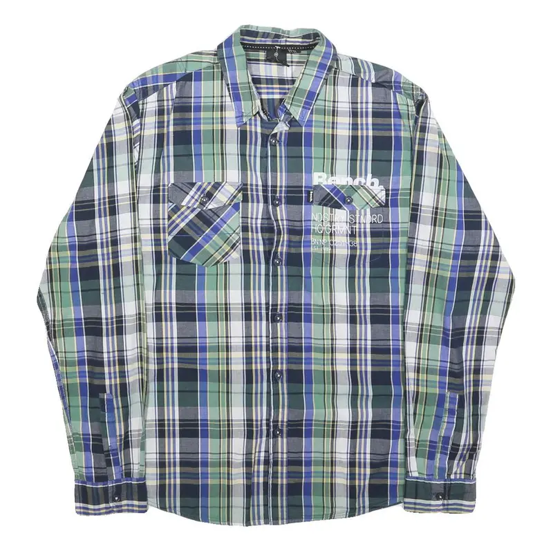 Bench Mens Blue Green Check Shirt M Cotton Blend Casual Long Sleeve 1