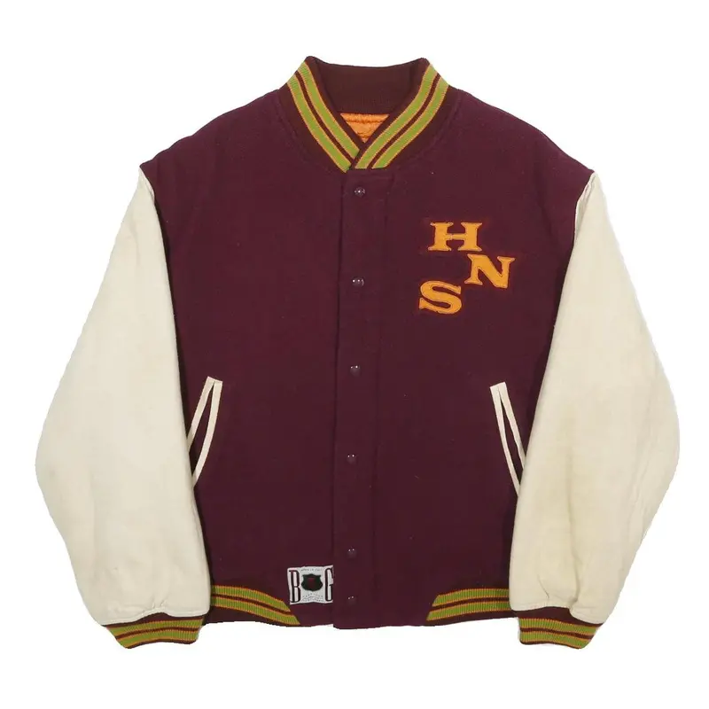 Benetton Mens Burgundy & Cream Wool Varsity Button Jacket L Wool Blend Retro 1