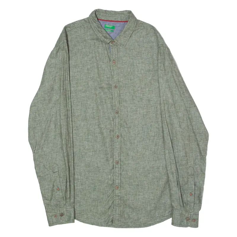 Benetton Mens Plain Shirt Green Long Sleeve L 1