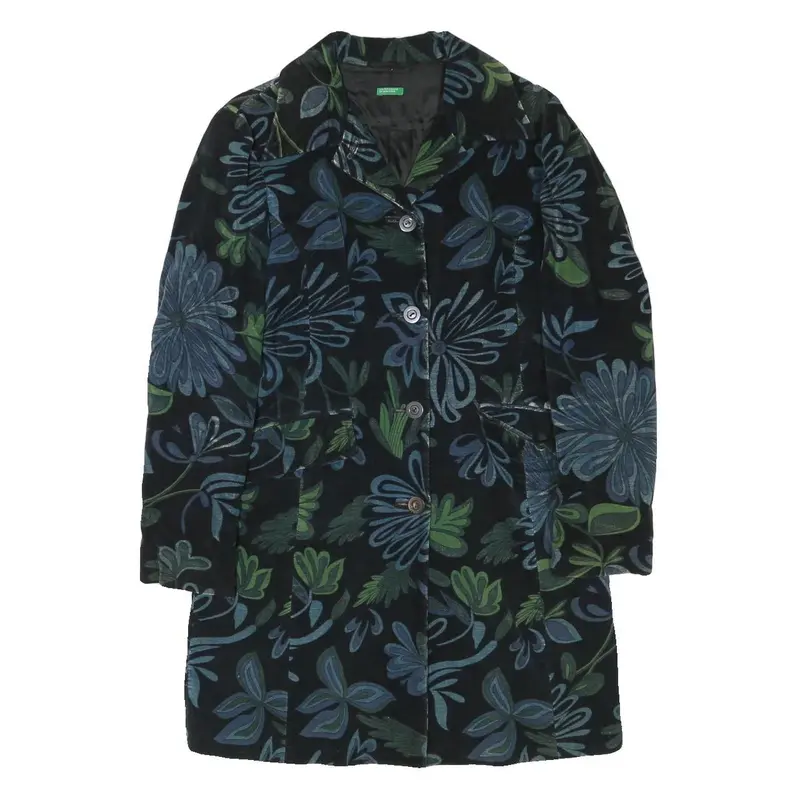 Benetton Womens Blue & Green Floral Button Jacket Xs Polyester Blend Velvet 1