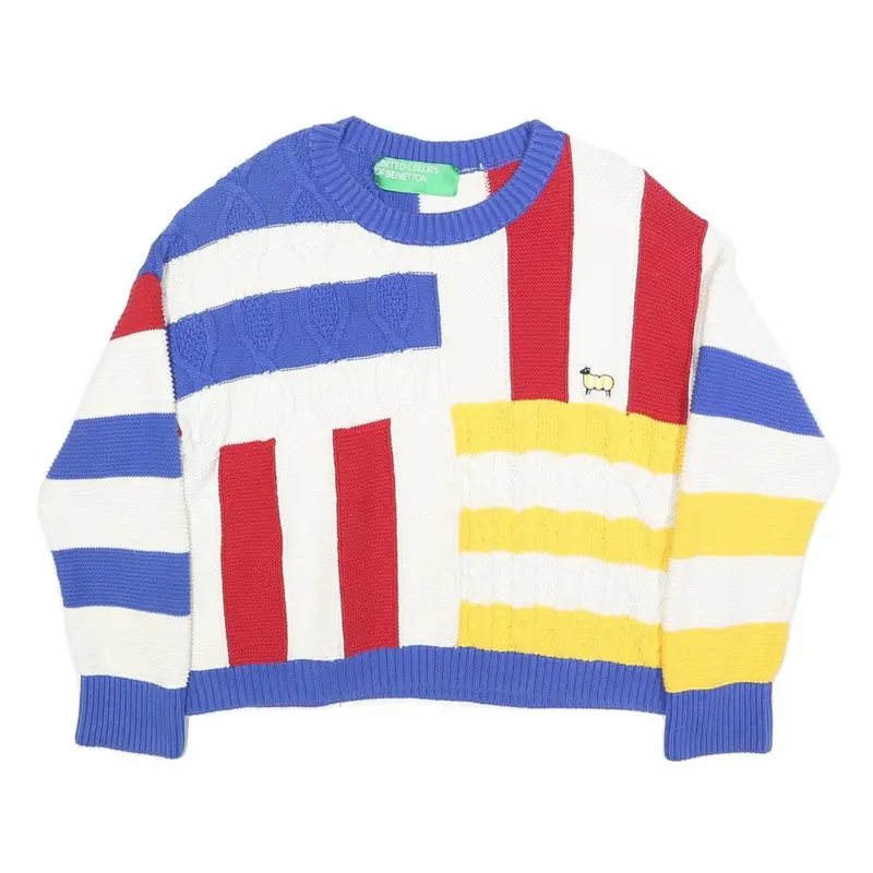 Benetton Womens Blue & Red Patterned Cotton Jumper Cable Knit M Colourblock Crew 1