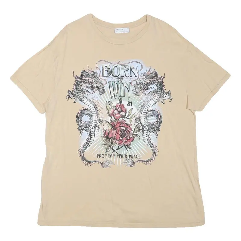 Bershka Mens Beige Cotton Blend Graphic T-Shirt Xs Short Sleeve Crew Neck Born 1