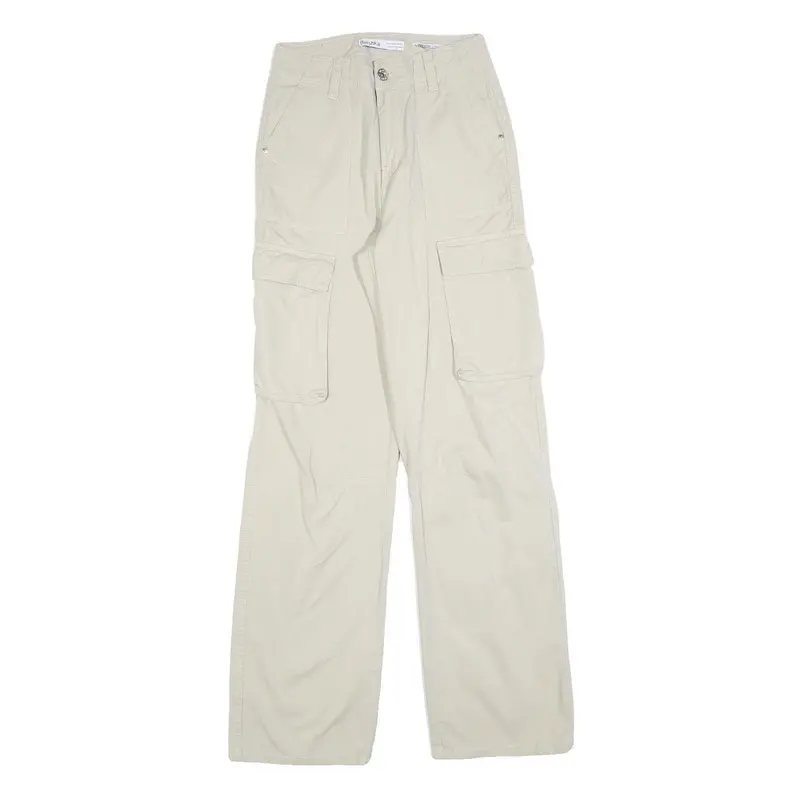 Bershka Womens Cotton Blend Relaxed Cargo Trousers Beige W25 L32 Casual Utility 1