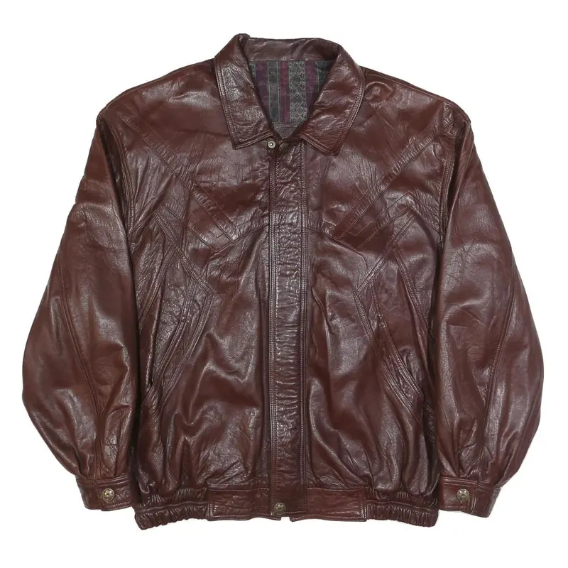 Best Unique Mens Brown Leather Zip Jacket Xl Vintage Classic Casual Outerwear 1