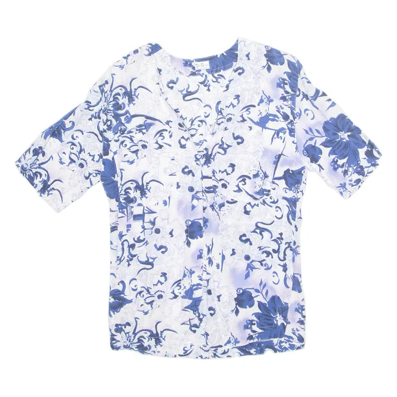 Beth Barclay Womens Printed Blouse Blue V-Neck Crazy Pattern L 1