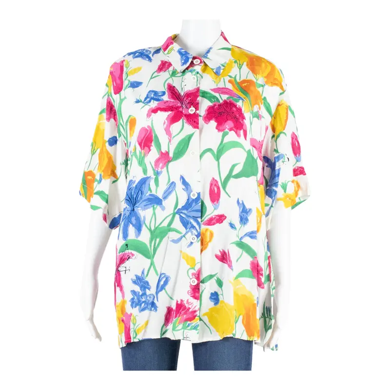 Biaggini Womens Printed Shirt White Collared Viscose Floral M 1
