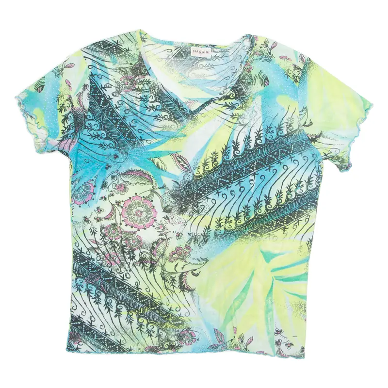 Biaggini Womens Printed Top Blue V-Neck Floral L 1